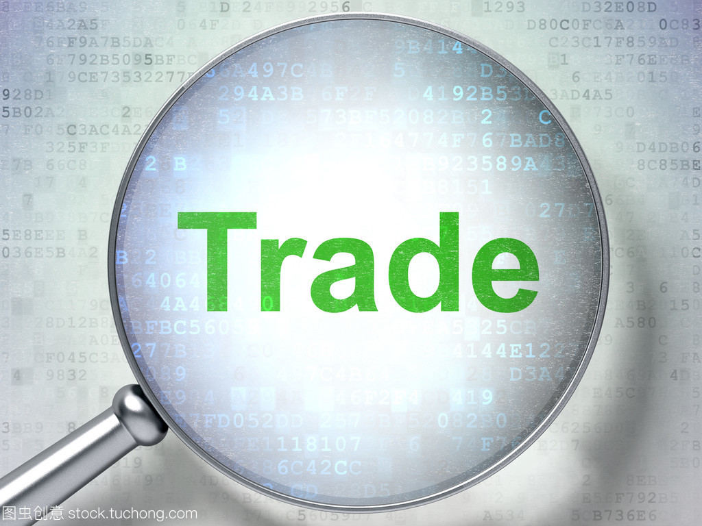 数字背景上的字贸易与光学放大镜